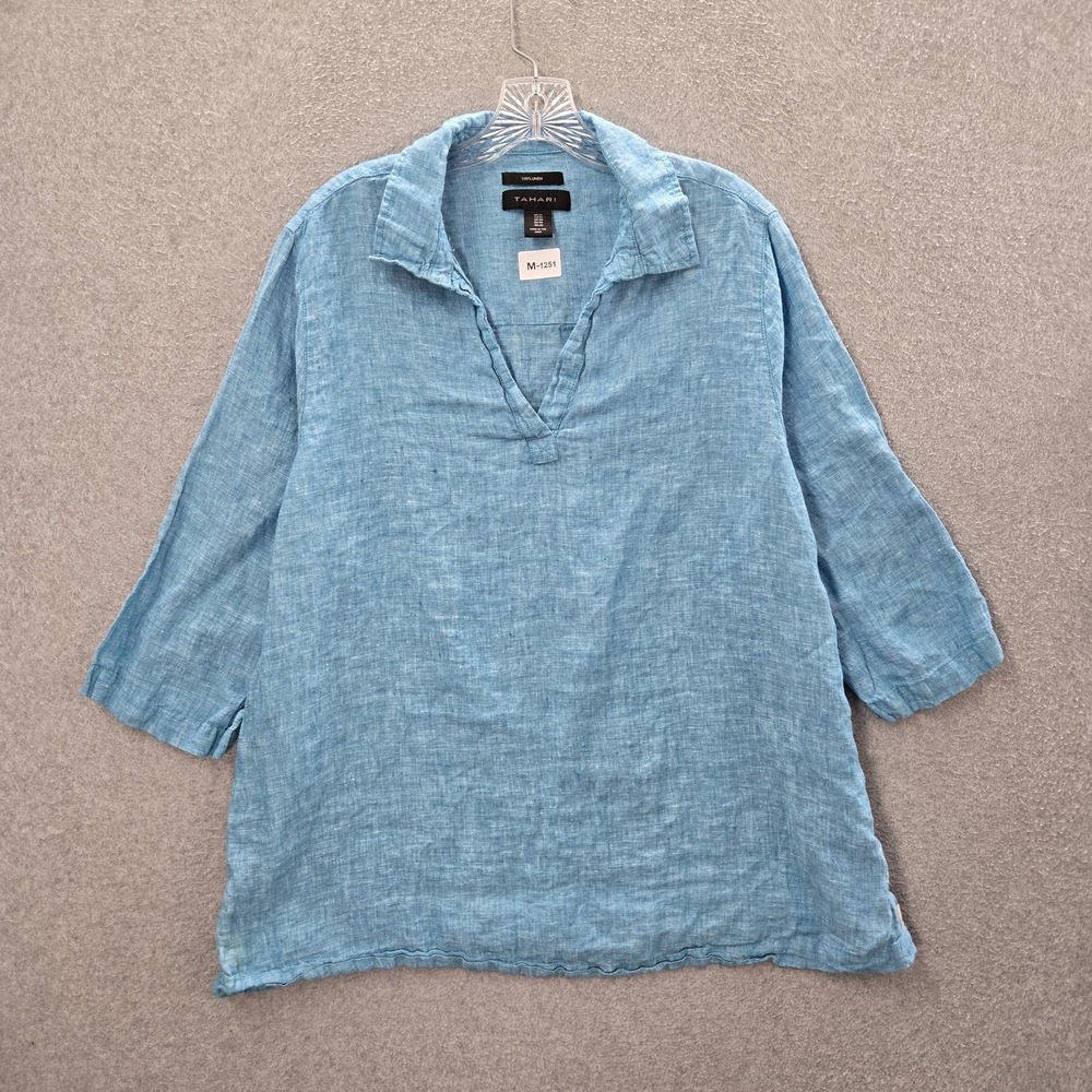 Tahari Women Blouse 1X  Blue 100% Linen 3/4 Sleeve Collar  V Neck Pullover